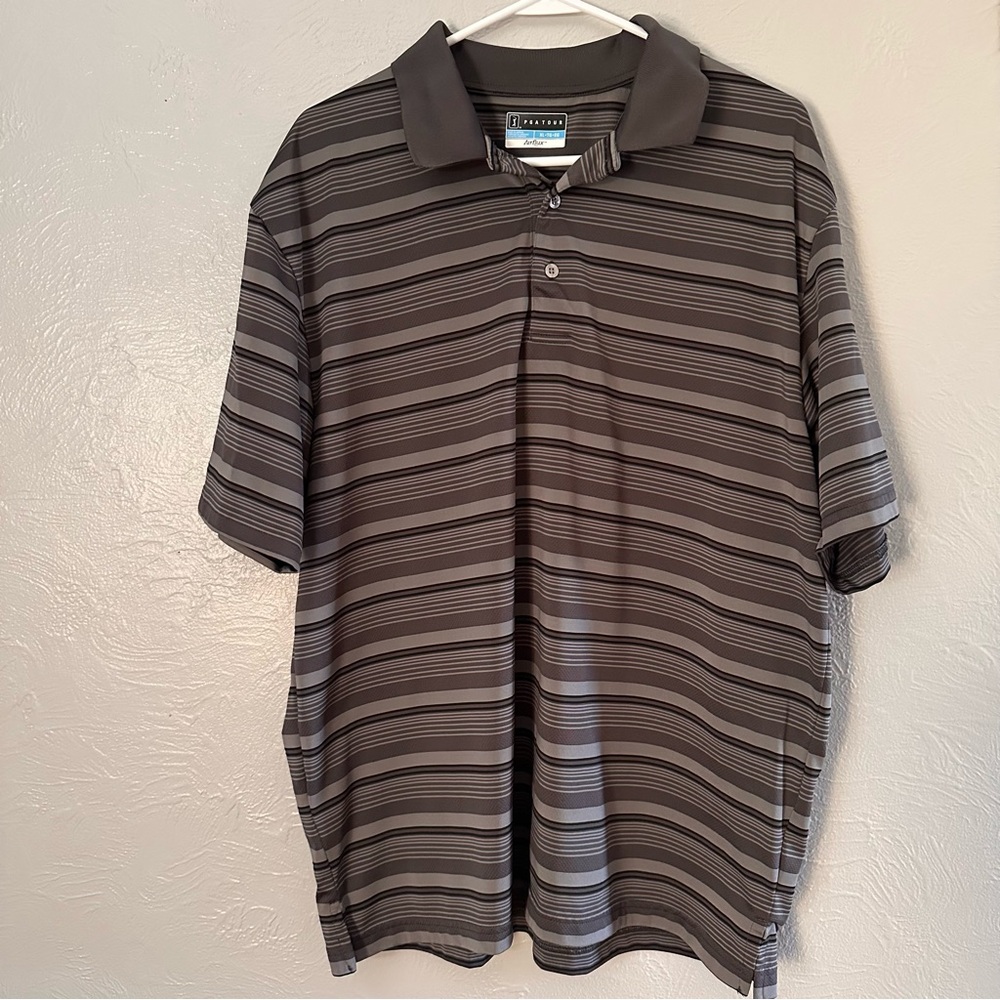 PGA TOUR Airflux Striped Polo Shirt XL Gray Performance Golf Shirt